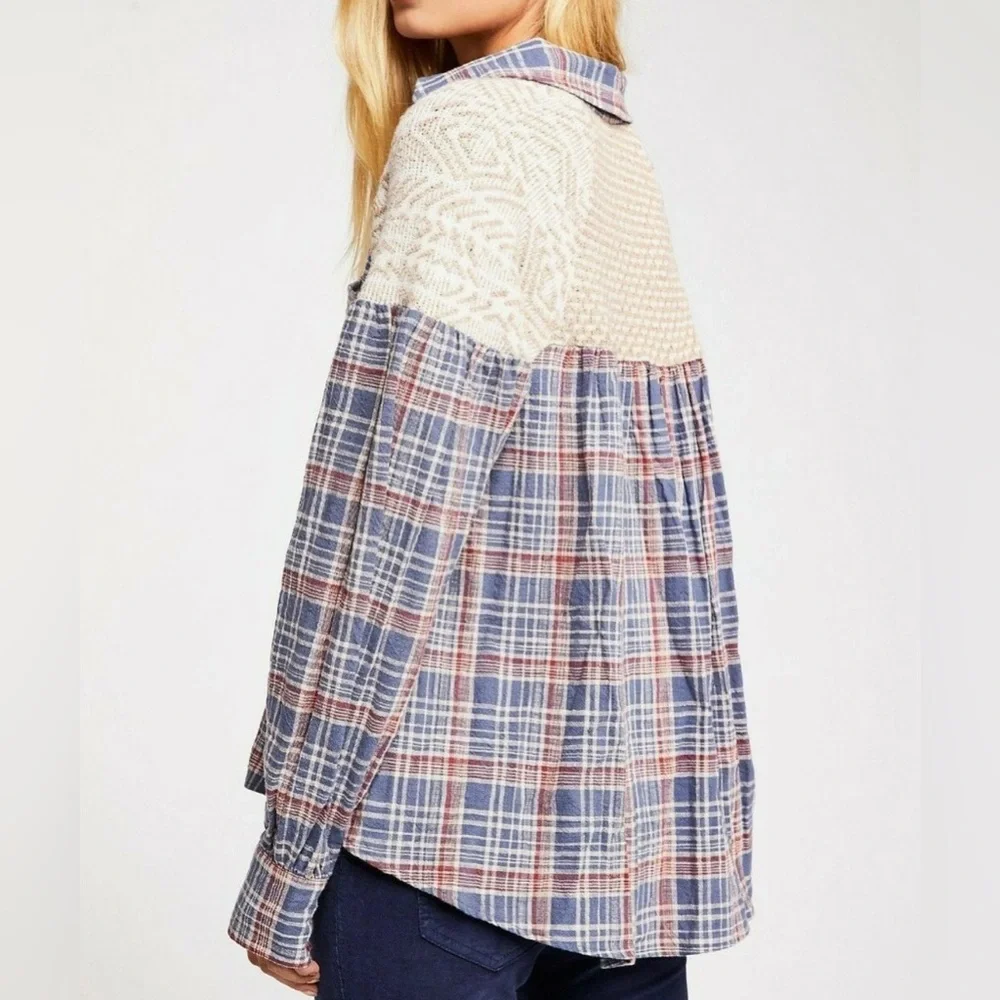 FREE PEOPLE Fireside Nights Plaid & Knit Long Sleeve Blouse Cloudy Combo Size S